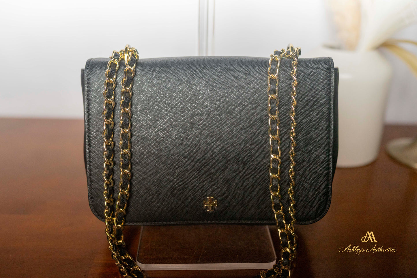 Tory Burch Emerson Black Saffiano Leather Flap Shoulder Bag