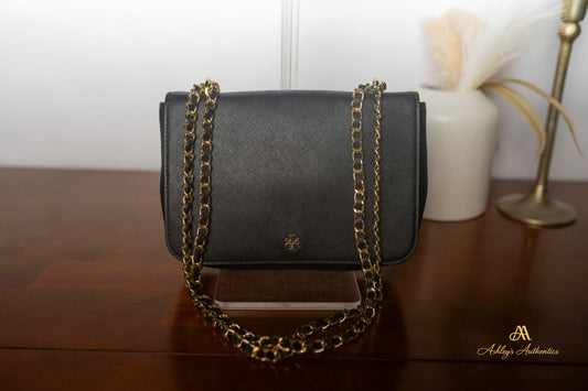 Tory Burch Emerson Black Saffiano Leather Flap Shoulder Bag